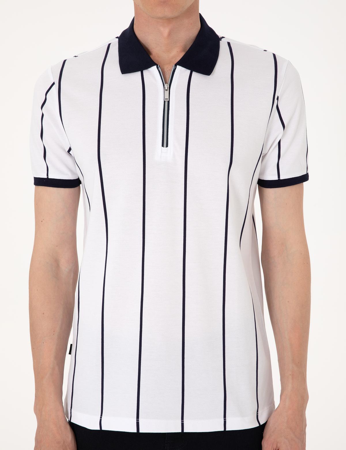 Lacivert Çizgi Detaylı Slim Fit Polo Yaka Tişört - 50307519005