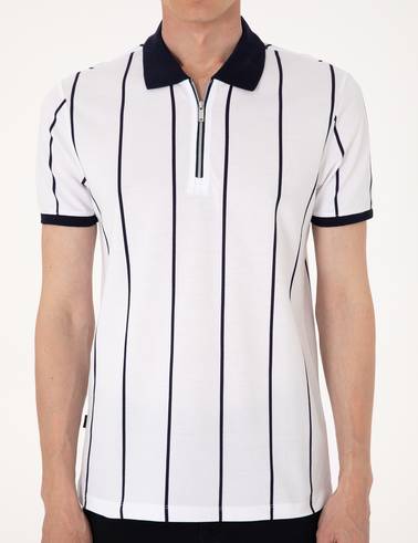 Lacivert Çizgi Detaylı Slim Fit Polo Yaka Tişört