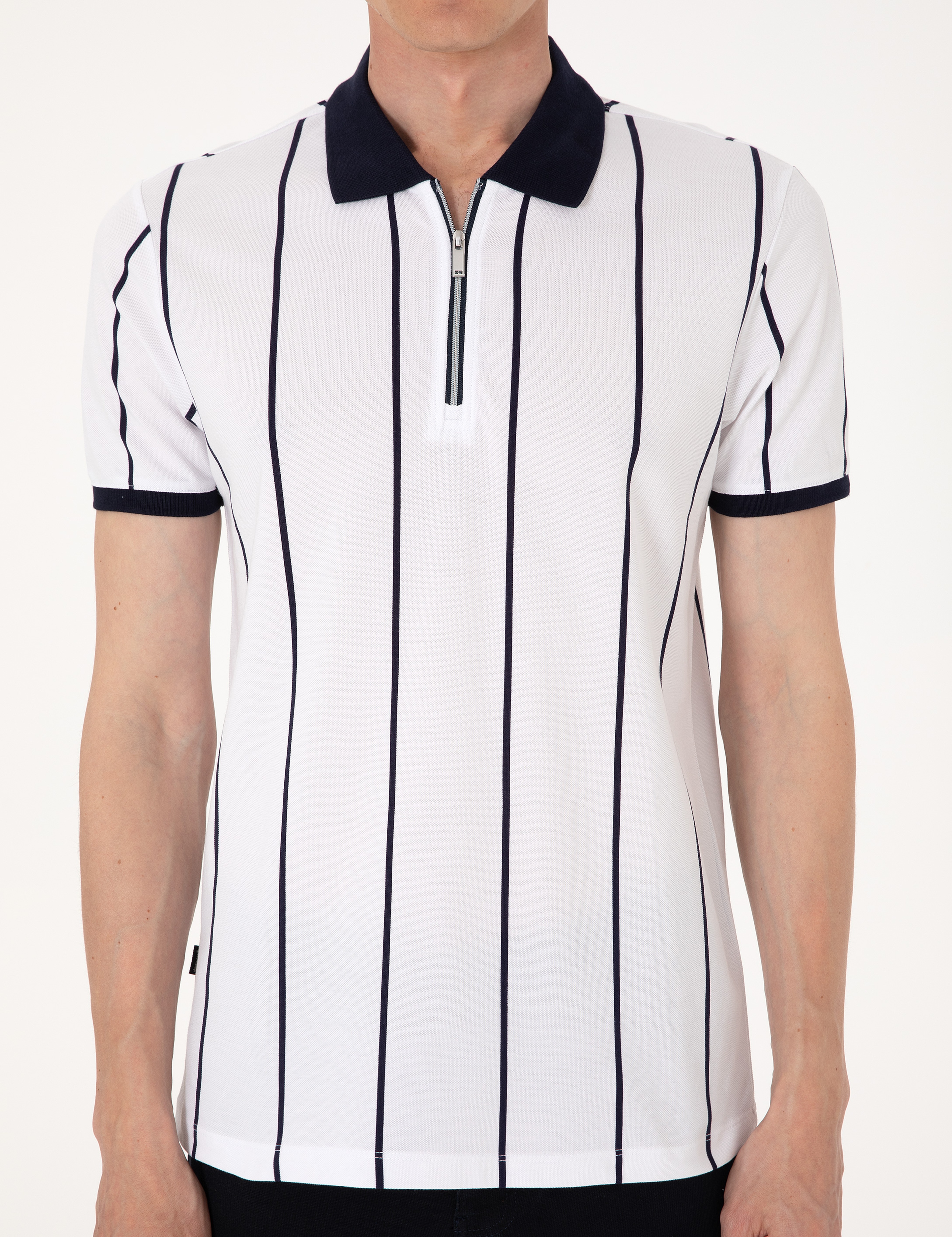 Lacivert Çizgi Detaylı Slim Fit Polo Yaka Tişört