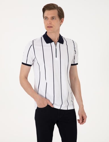 Lacivert Çizgi Detaylı Slim Fit %100 Pamuk Fermuarlı Polo Yaka Tişört