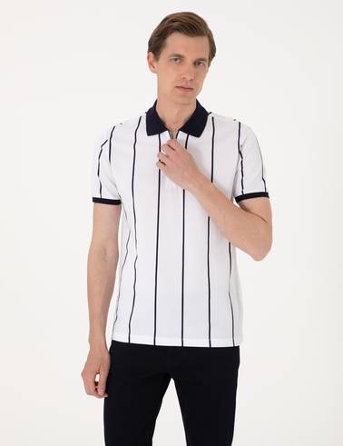 Lacivert Çizgi Detaylı Slim Fit Polo Yaka Tişört
