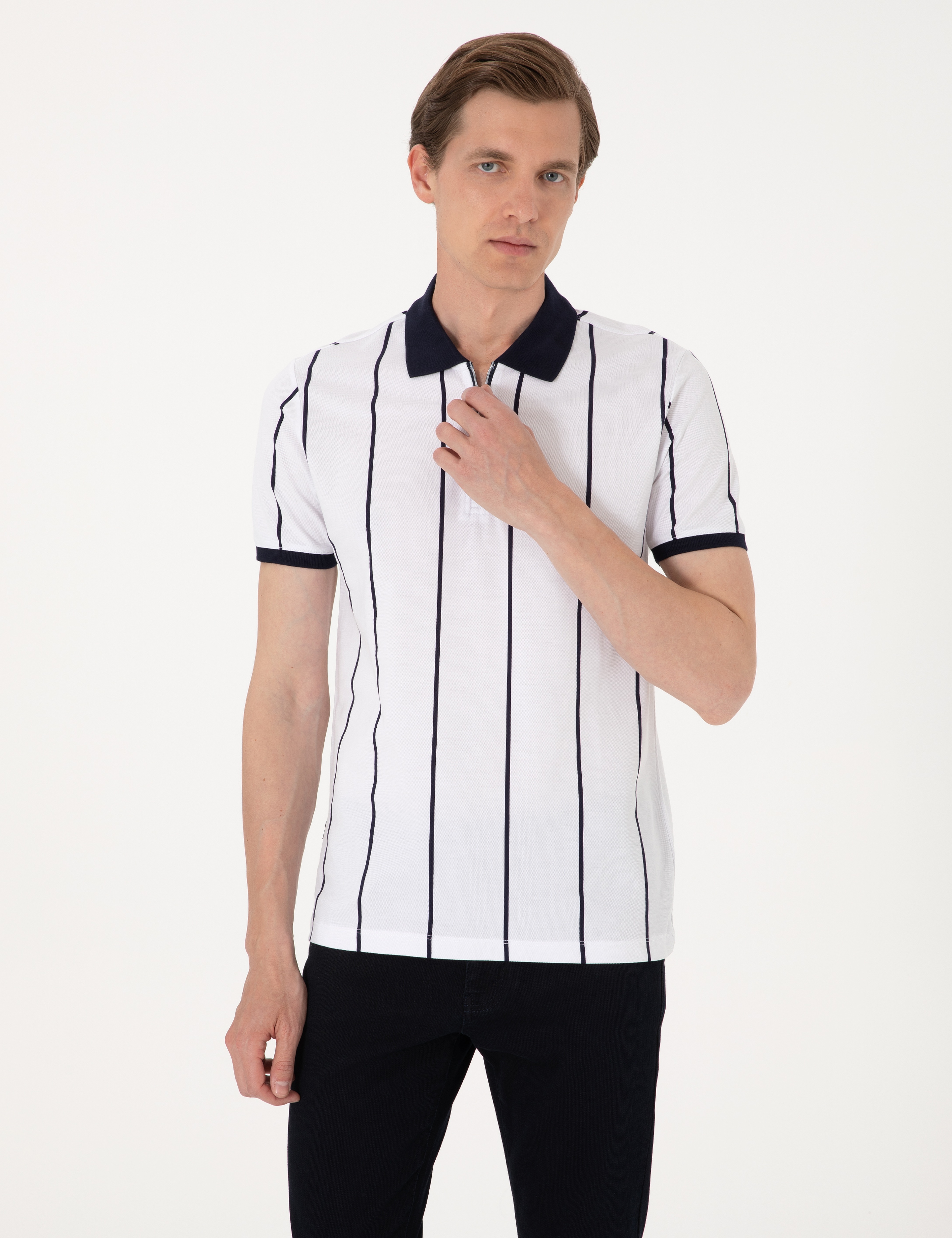 Lacivert Çizgi Detaylı Slim Fit Polo Yaka Tişört - Image 3