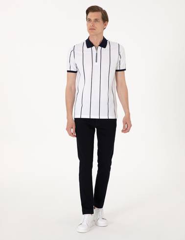 Lacivert Çizgi Detaylı Slim Fit Polo Yaka Tişört