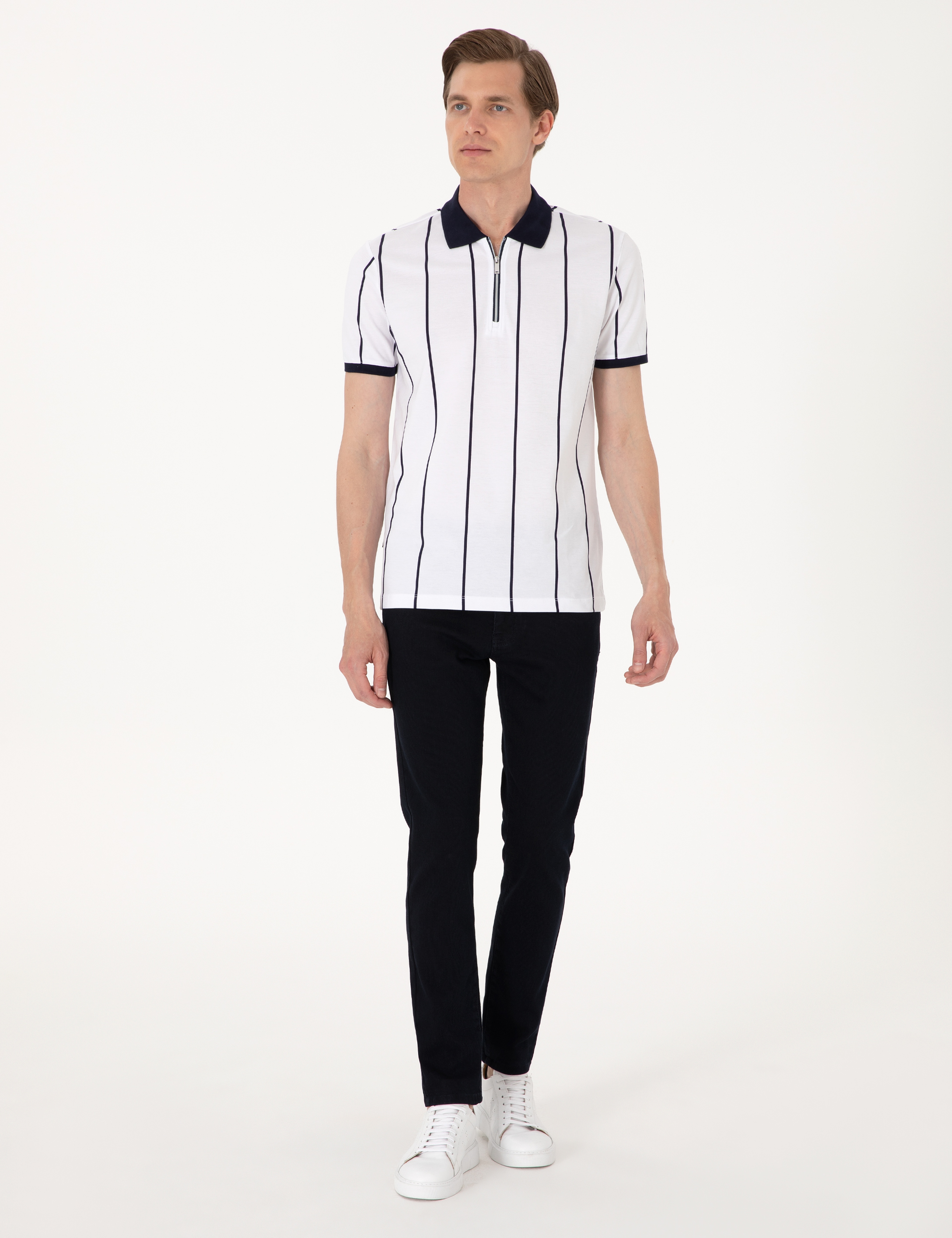 Lacivert Çizgi Detaylı Slim Fit Polo Yaka Tişört - Image 4