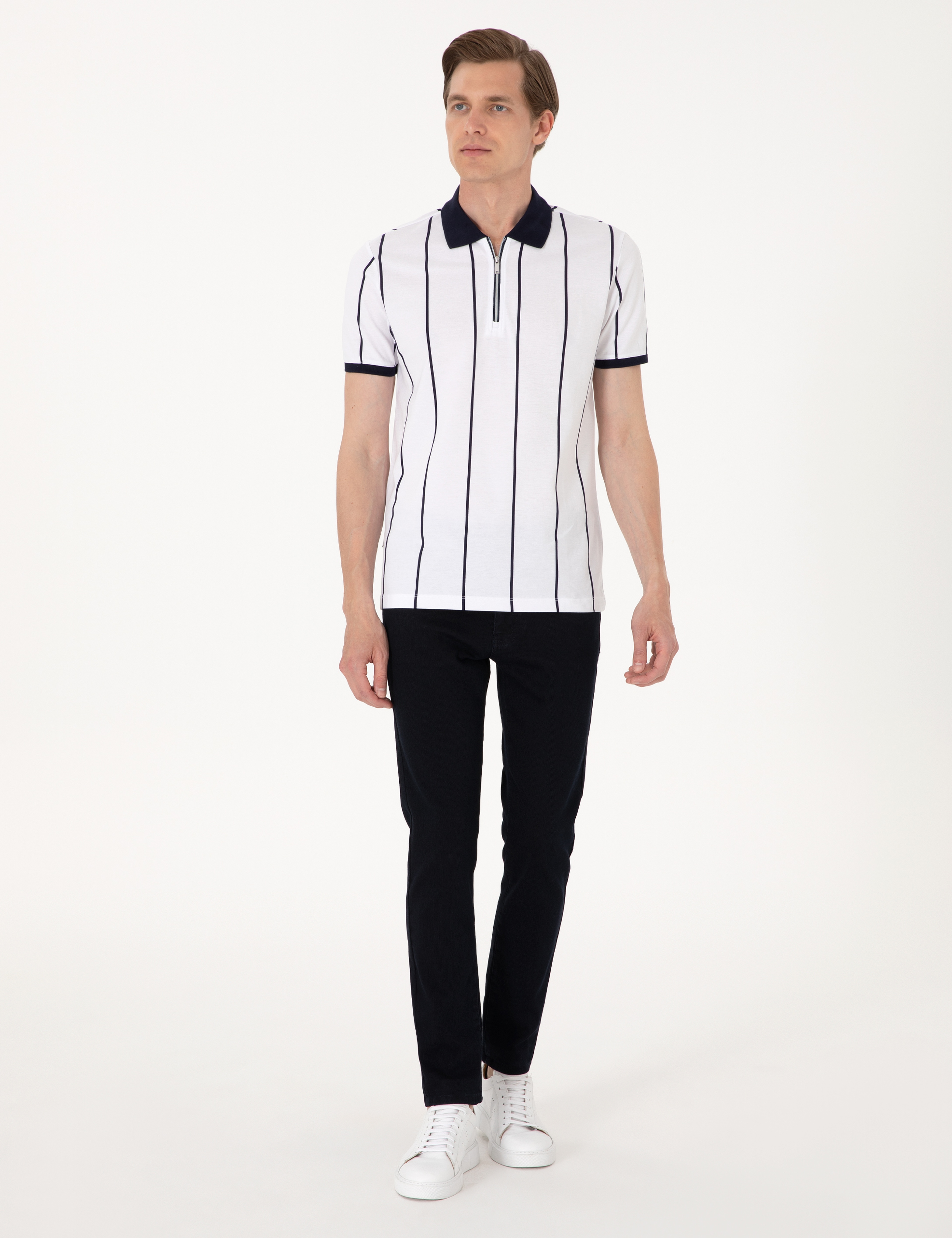 Lacivert Çizgi Detaylı Slim Fit Polo Yaka Tişört