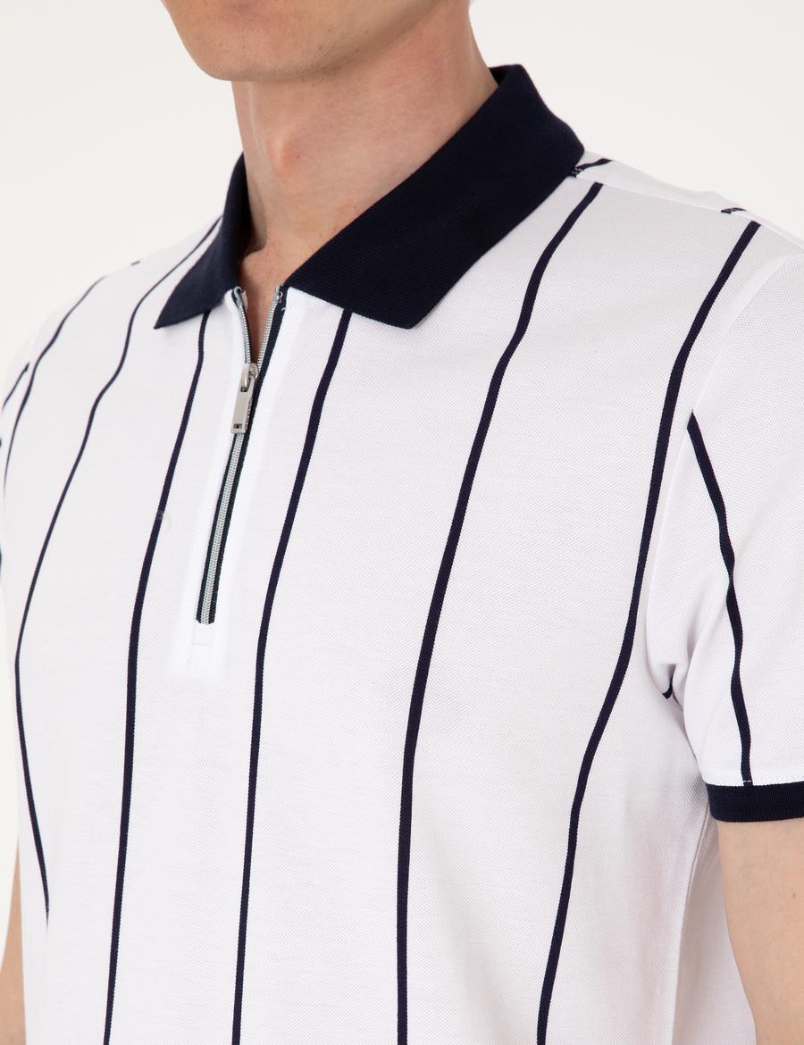 Lacivert Çizgi Detaylı Slim Fit Polo Yaka Tişört