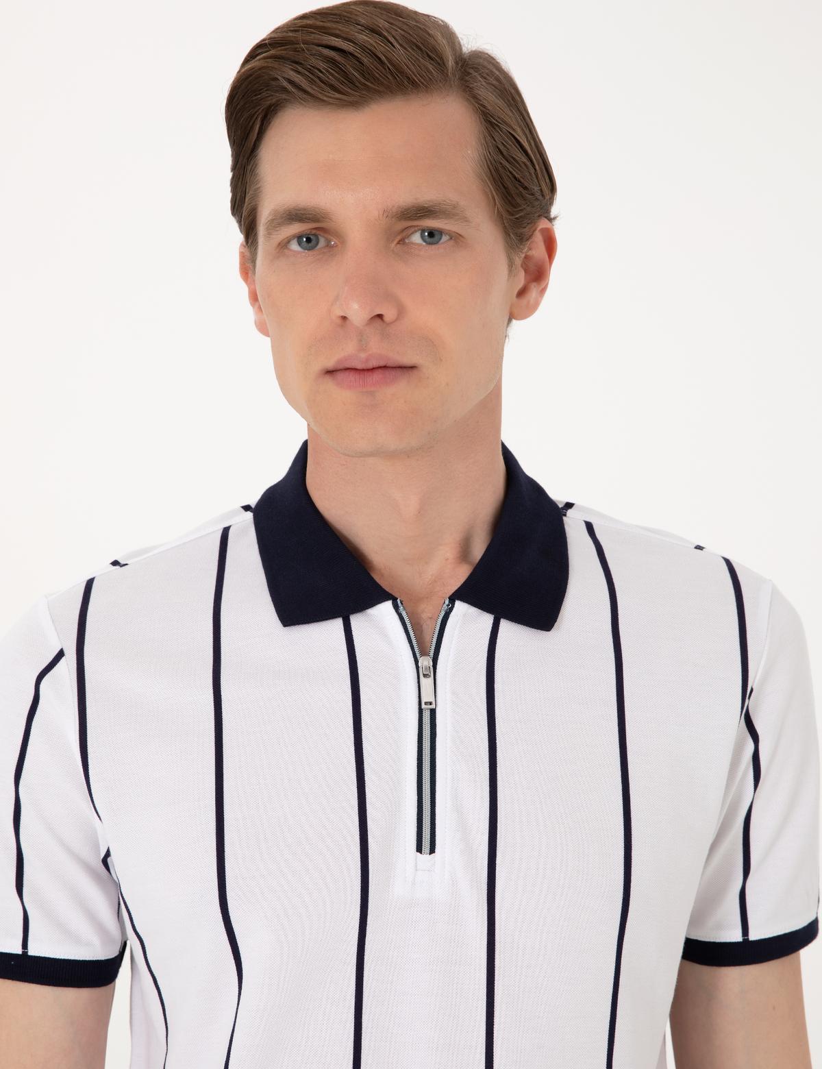 Lacivert Çizgi Detaylı Slim Fit Polo Yaka Tişört - 50307519005