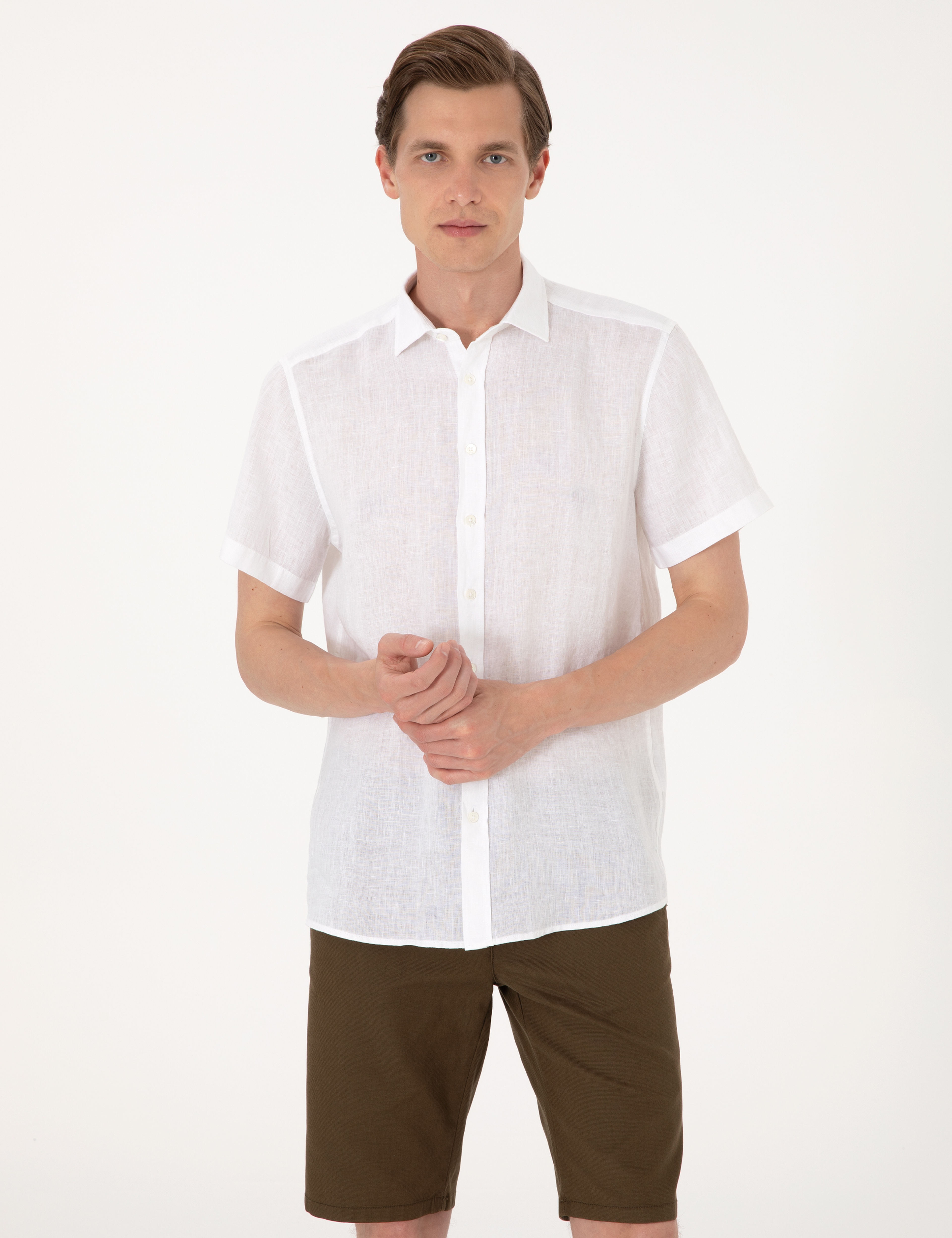 Beyaz %100 Keten Regular Fit Kısa Kollu Gömlek - Image 3