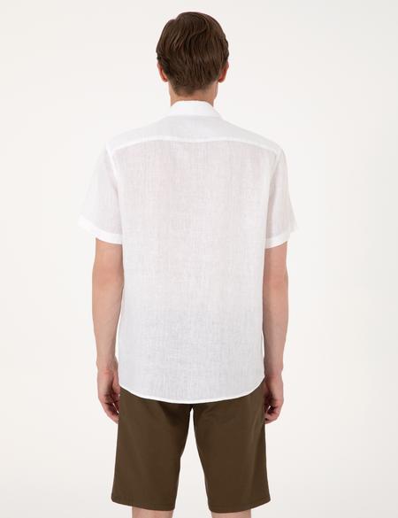 Beyaz %100 Keten Regular Fit Kısa Kollu Gömlek - 50305680002