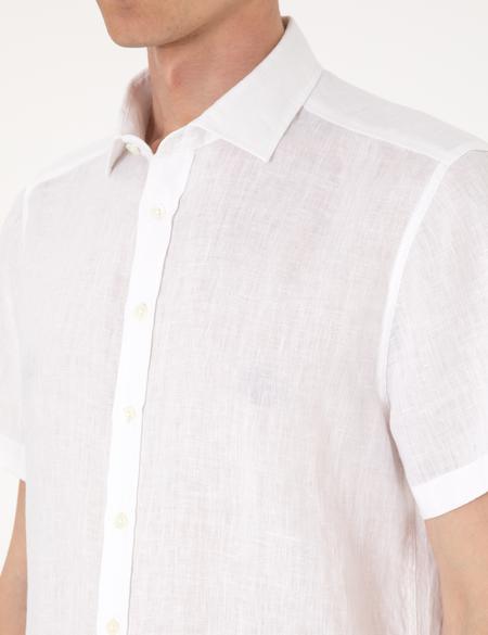 Beyaz %100 Keten Regular Fit Kısa Kollu Gömlek - 50305680002