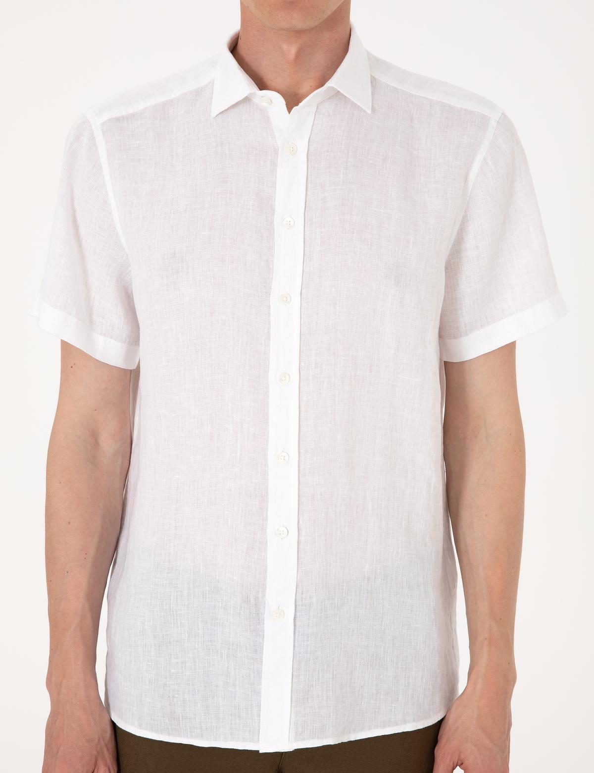 Beyaz %100 Keten Regular Fit Kısa Kollu Gömlek - 50305680002