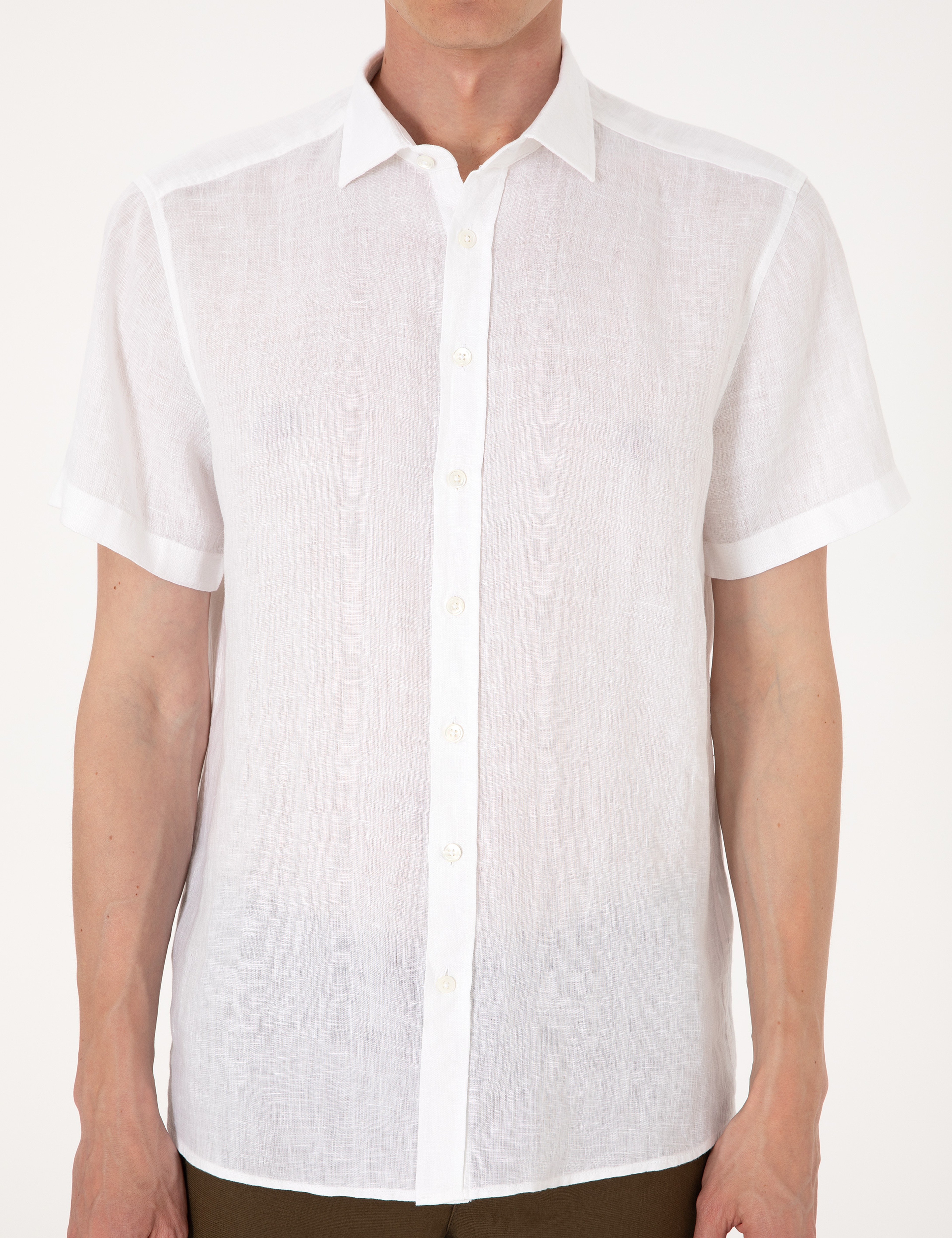 Beyaz %100 Keten Regular Fit Kısa Kollu Gömlek - Image 6