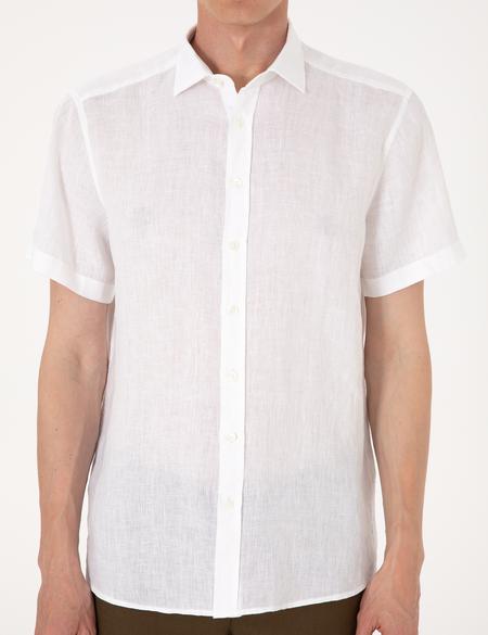 Beyaz %100 Keten Regular Fit Kısa Kollu Gömlek - 50305680002