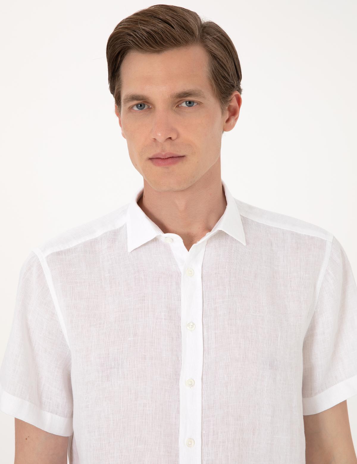 Beyaz %100 Keten Regular Fit Kısa Kollu Gömlek - 50305680002