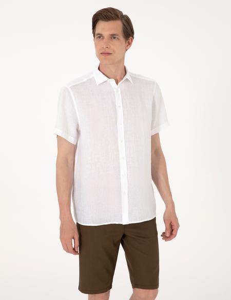 Beyaz %100 Keten Regular Fit Kısa Kollu Gömlek - 50305680002