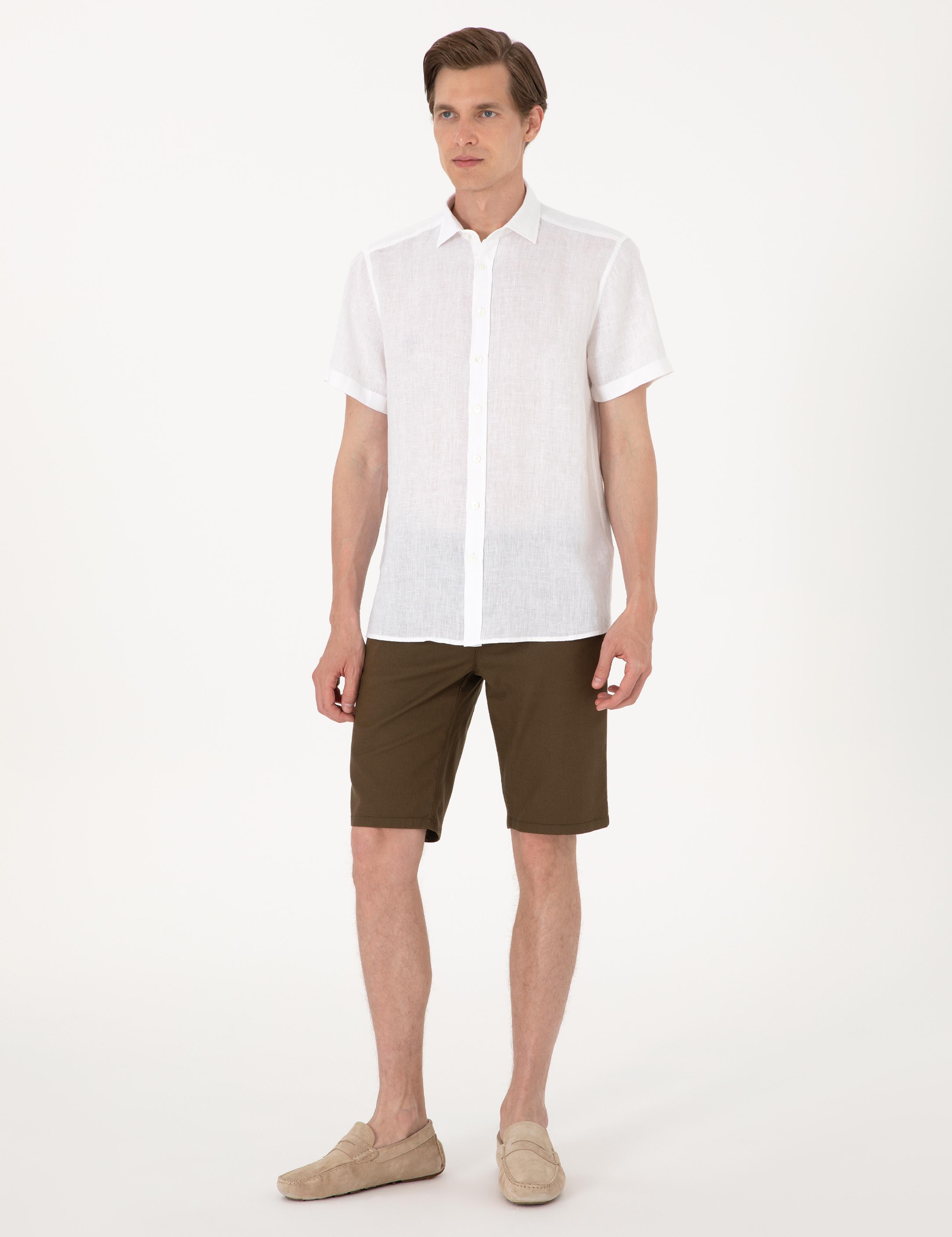 Beyaz %100 Keten Regular Fit Kısa Kollu Gömlek