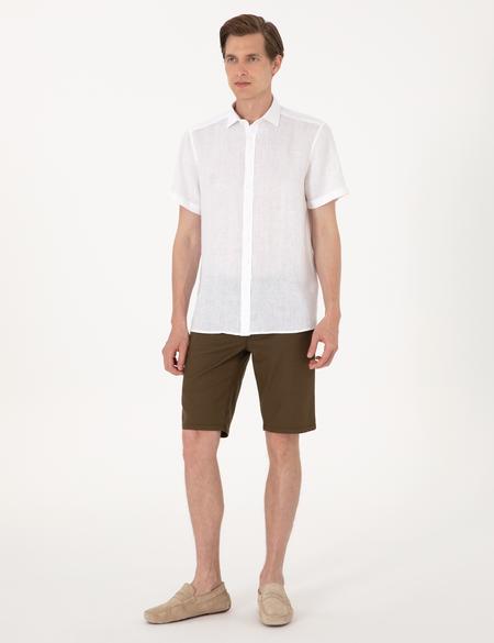 Beyaz %100 Keten Regular Fit Kısa Kollu Gömlek - 50305680002