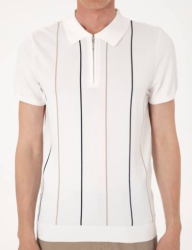 Ekru Slim Fit Polo Yaka Fermuarlı Triko Tişört