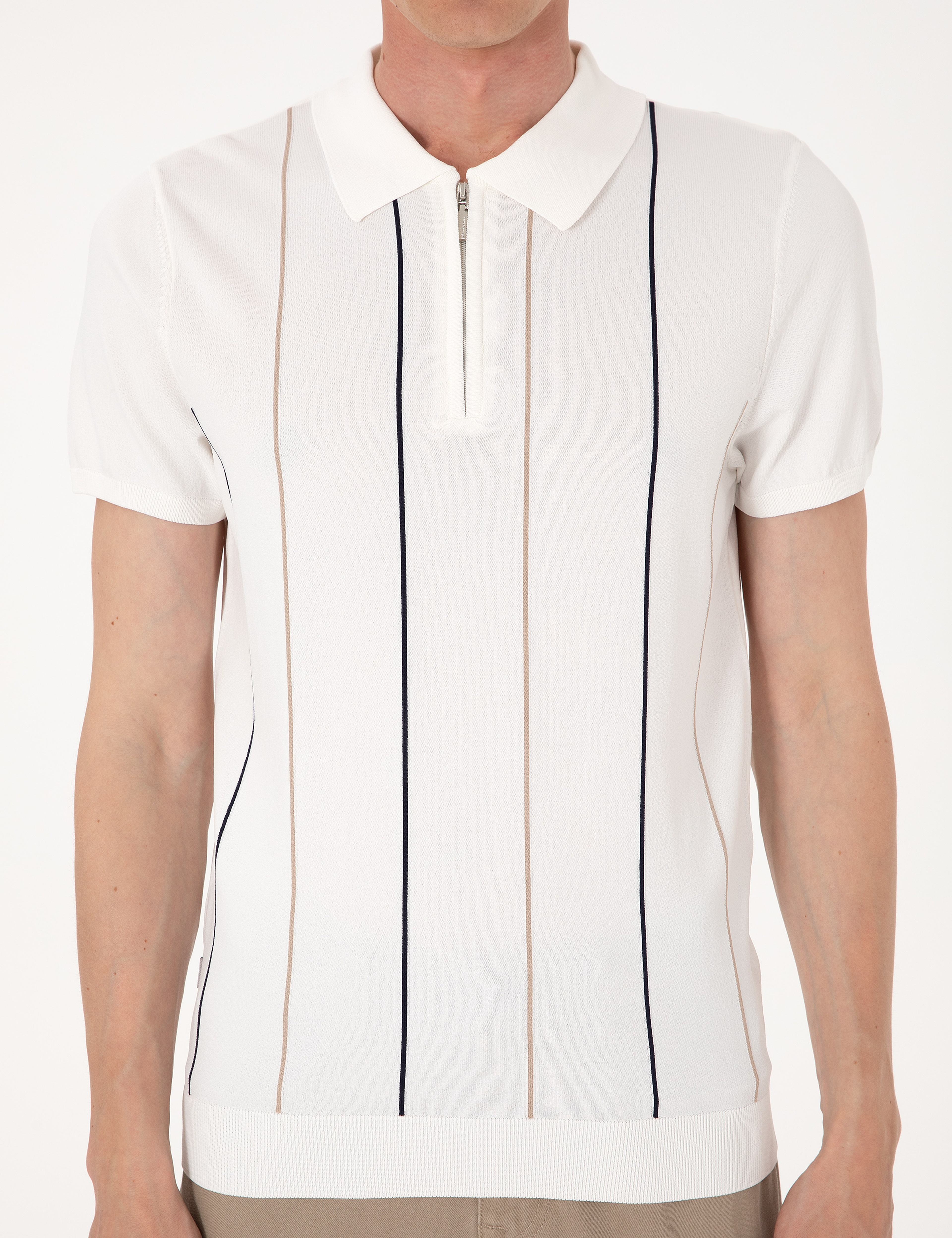 Ekru Slim Fit Polo Yaka Fermuarlı Triko Tişört - Image 6