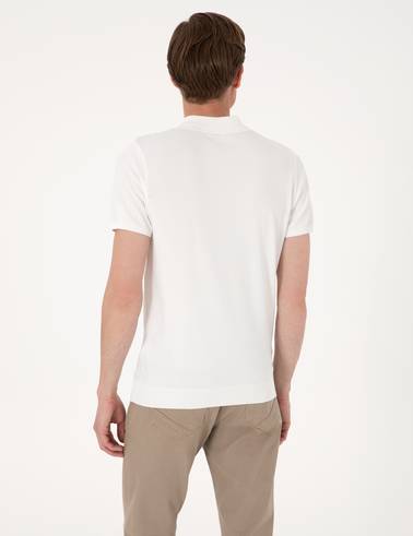 Ekru Slim Fit Polo Yaka Fermuarlı Triko Tişört