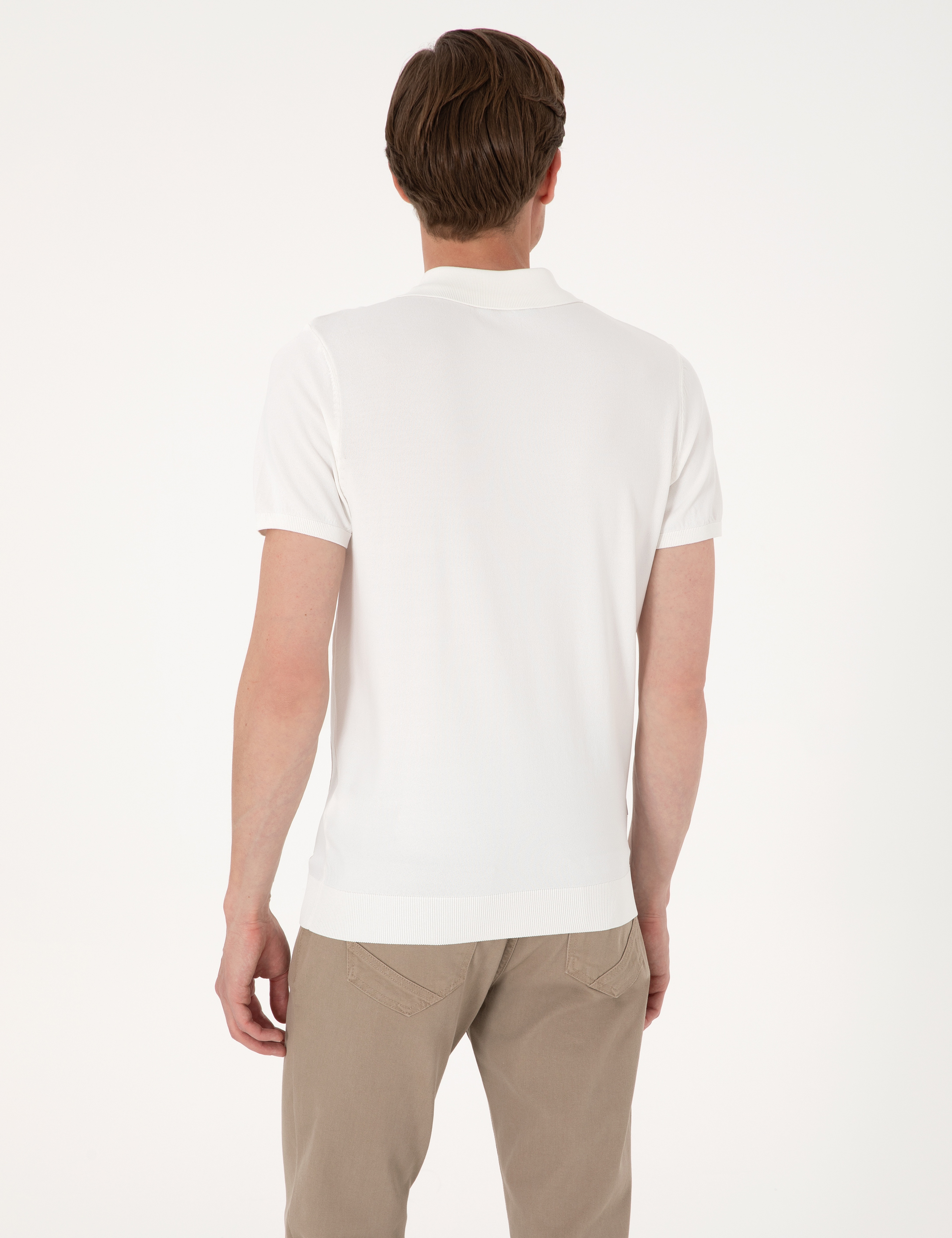 Ekru Slim Fit Polo Yaka Fermuarlı Triko Tişört - Image 5