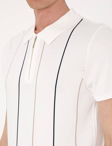 Ekru Slim Fit Polo Yaka Fermuarlı Triko Tişört