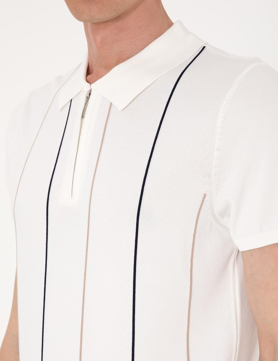 Ekru Slim Fit Polo Yaka Fermuarlı Triko Tişört