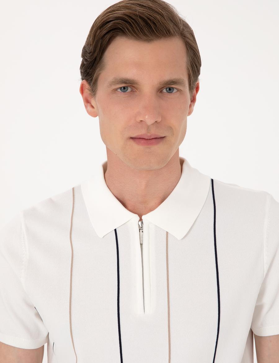 Ekru Slim Fit Polo Yaka Fermuarlı Triko Tişört