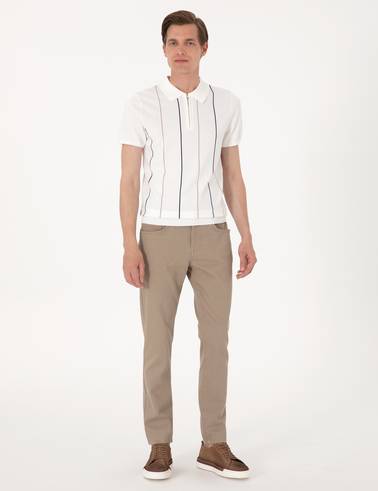 Ekru Slim Fit Polo Yaka Fermuarlı Triko Tişört