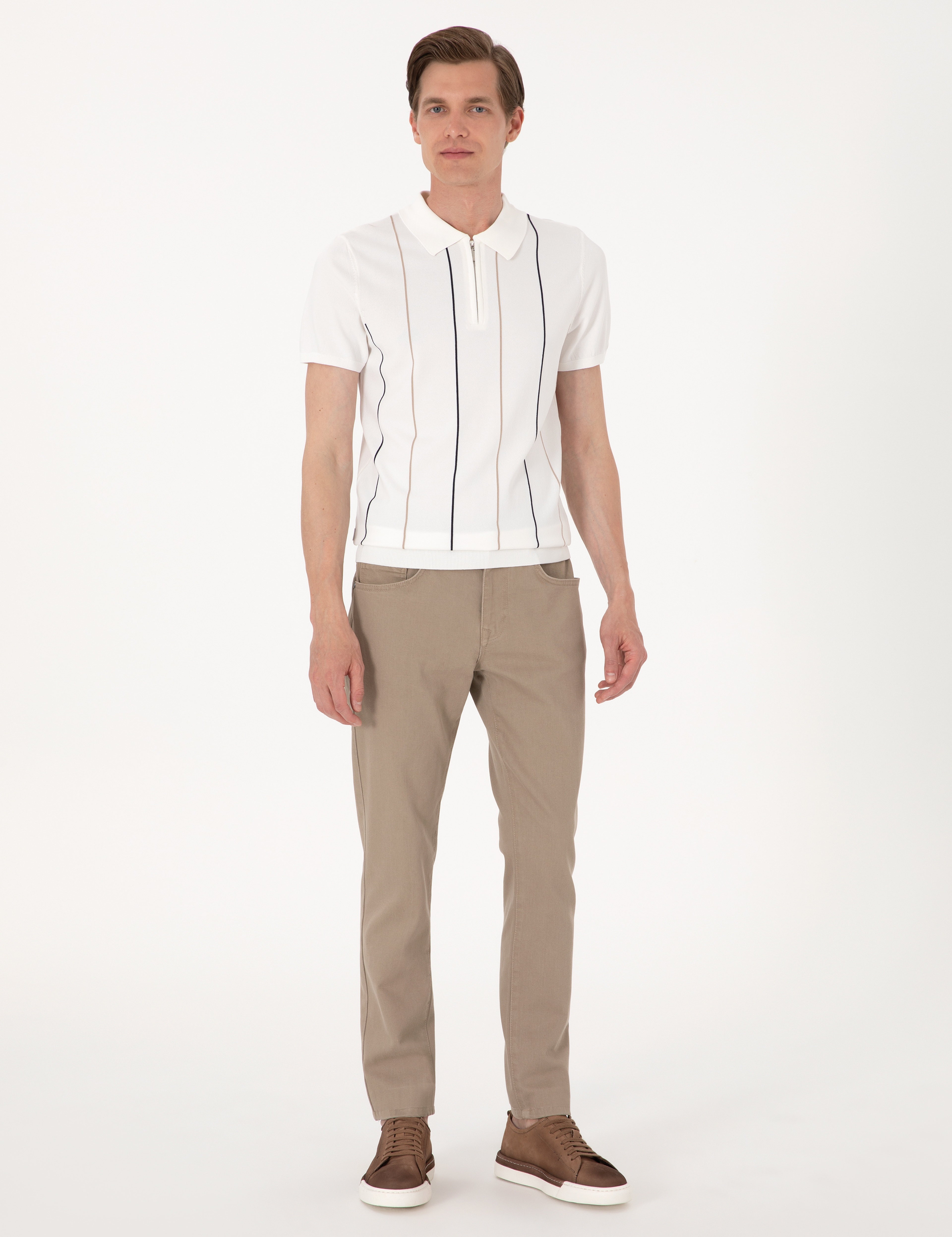 Ekru Slim Fit Polo Yaka Fermuarlı Triko Tişört - Image 4