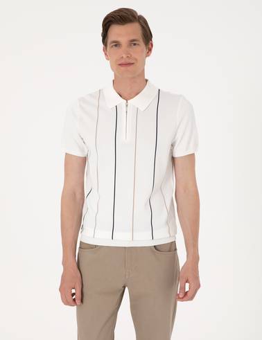 Ekru Slim Fit Polo Yaka Fermuarlı Triko Tişört