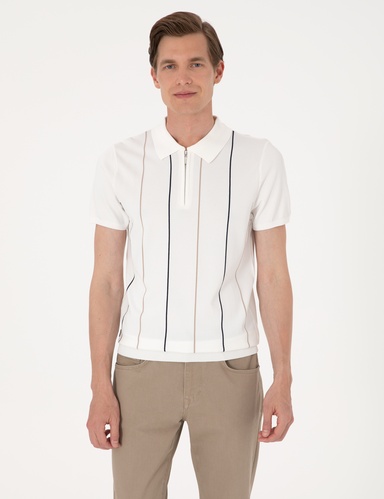 Ekru Slim Fit Polo Yaka Fermuarlı Triko Tişört