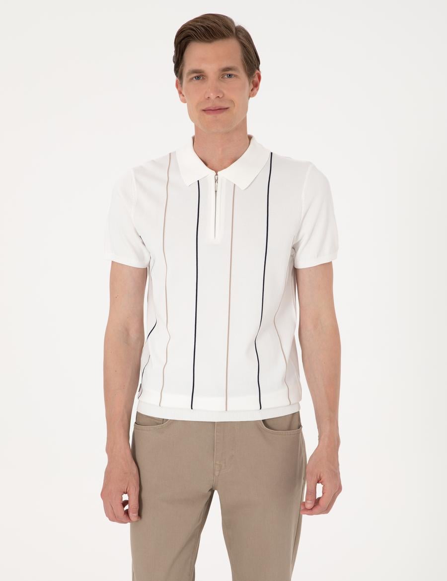 Ekru Slim Fit Polo Yaka Fermuarlı Triko Tişört