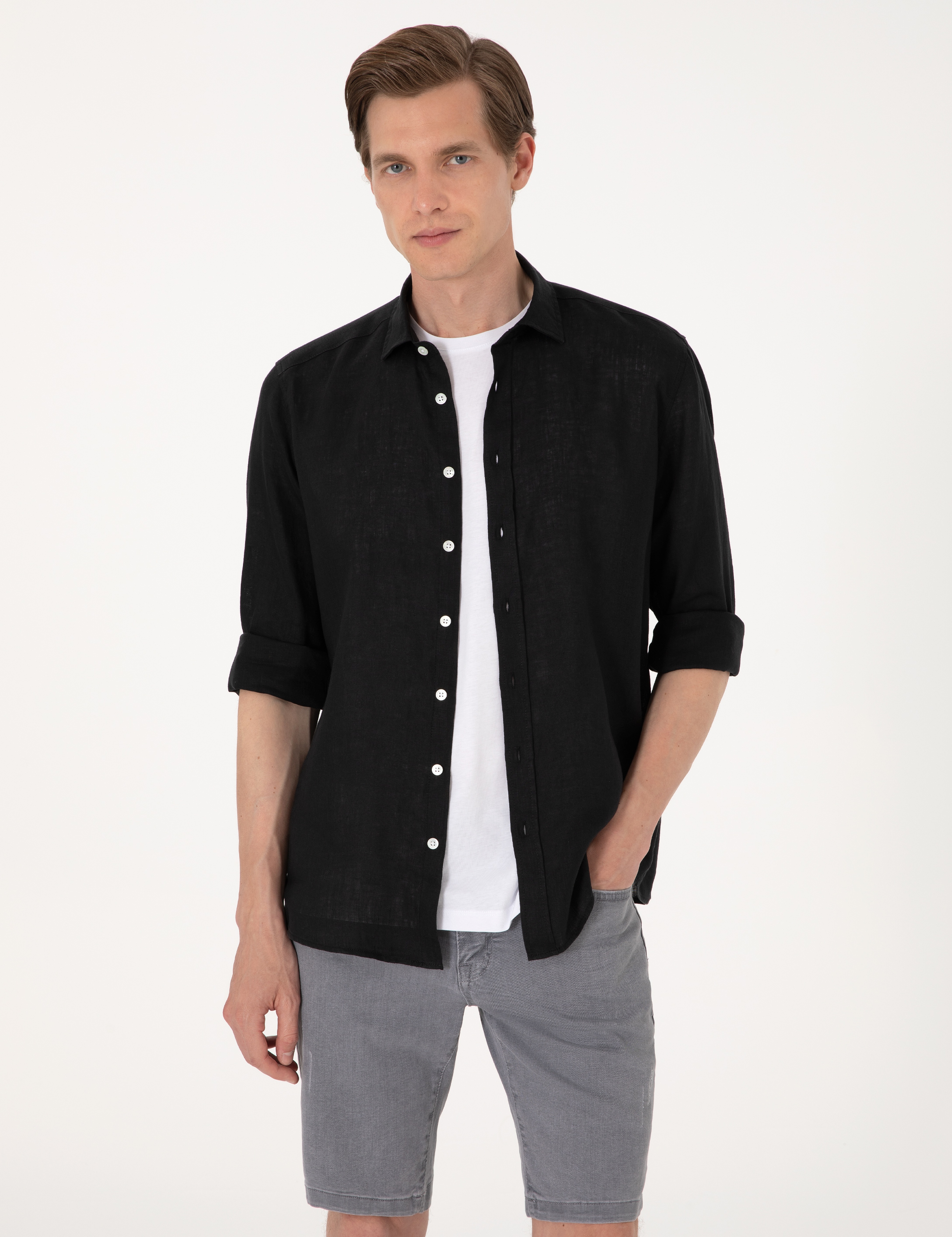 Siyah %100 Keten Regular Fit Uzunkollu Gömlek - Image 1