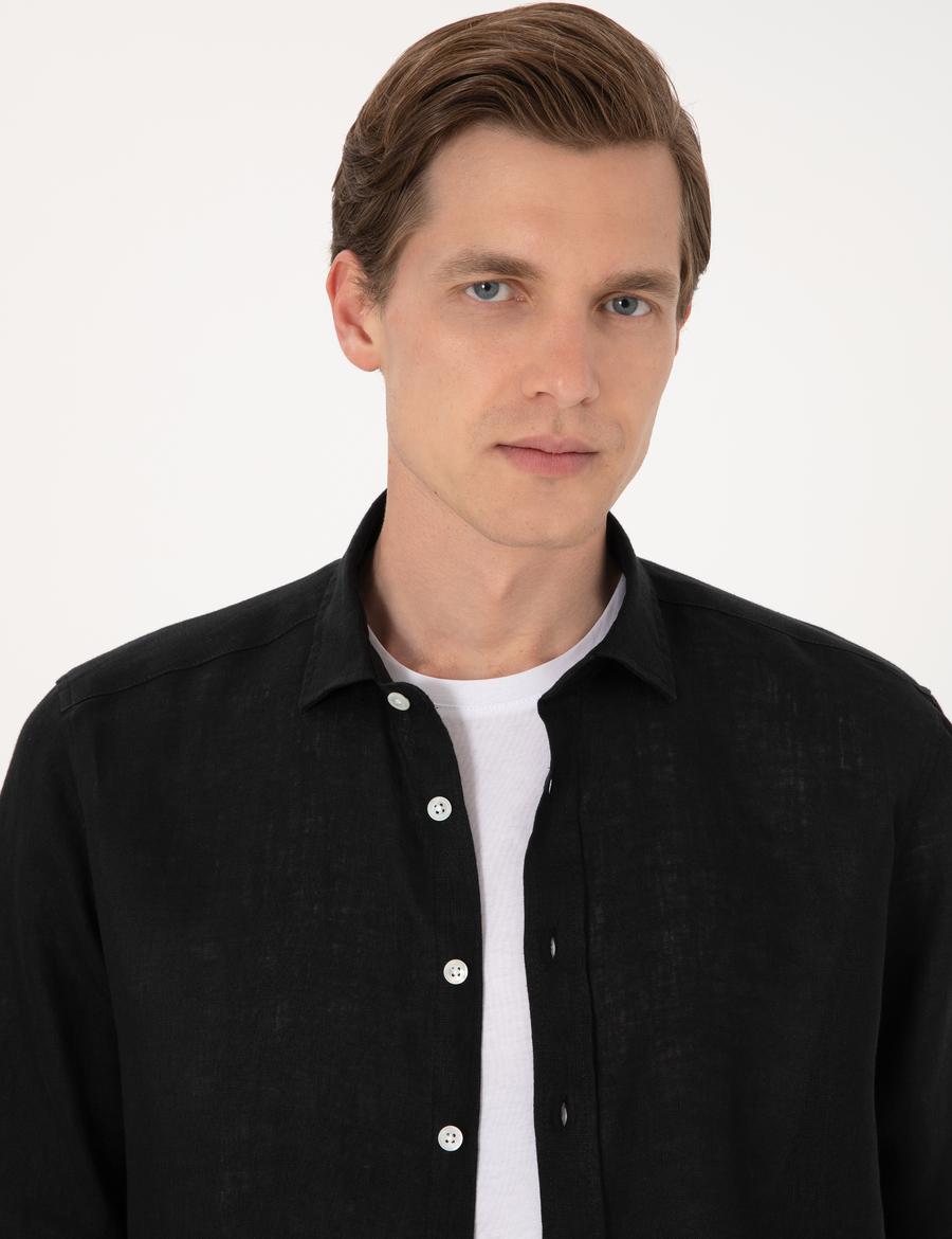 Siyah %100 Keten Regular Fit Uzunkollu Gömlek