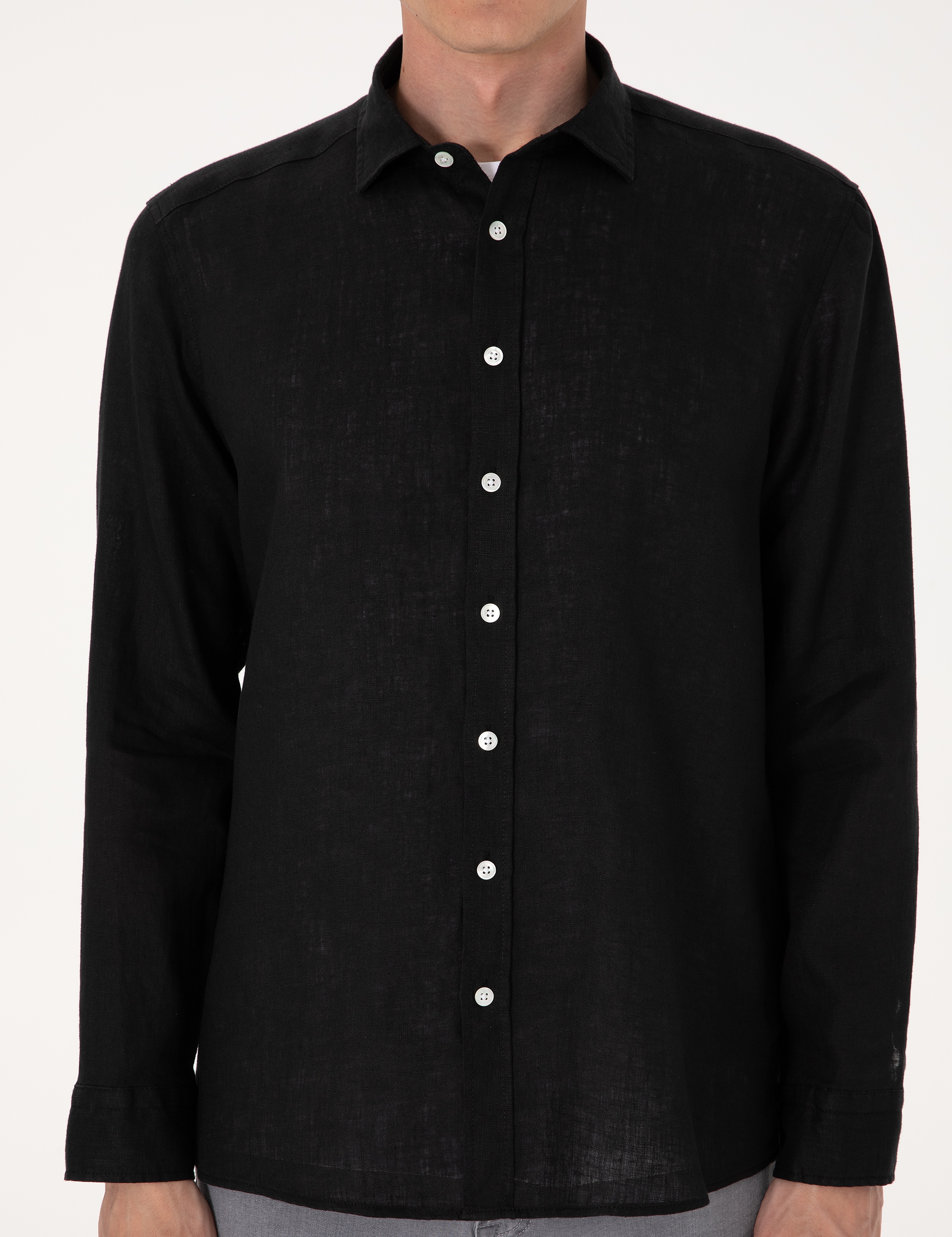 Siyah %100 Keten Regular Fit Uzunkollu Gömlek - Image 6