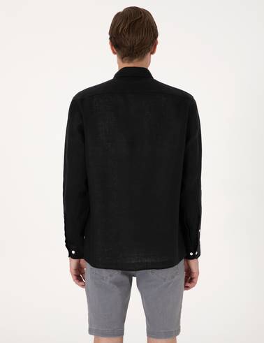 Siyah %100 Keten Regular Fit Uzunkollu Gömlek