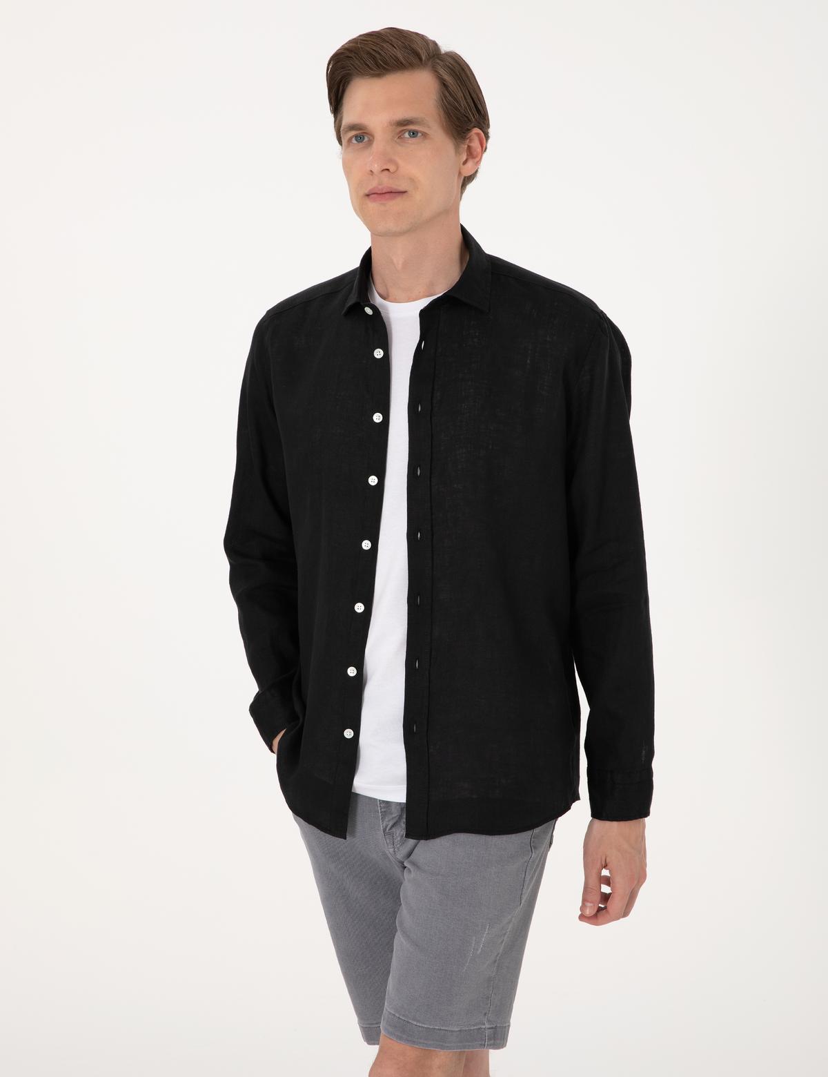 Siyah %100 Keten Regular Fit Uzunkollu Gömlek - 50303293023