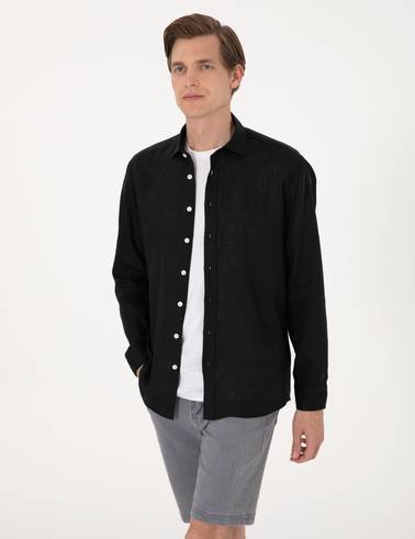 Siyah %100 Keten Regular Fit Uzunkollu Gömlek