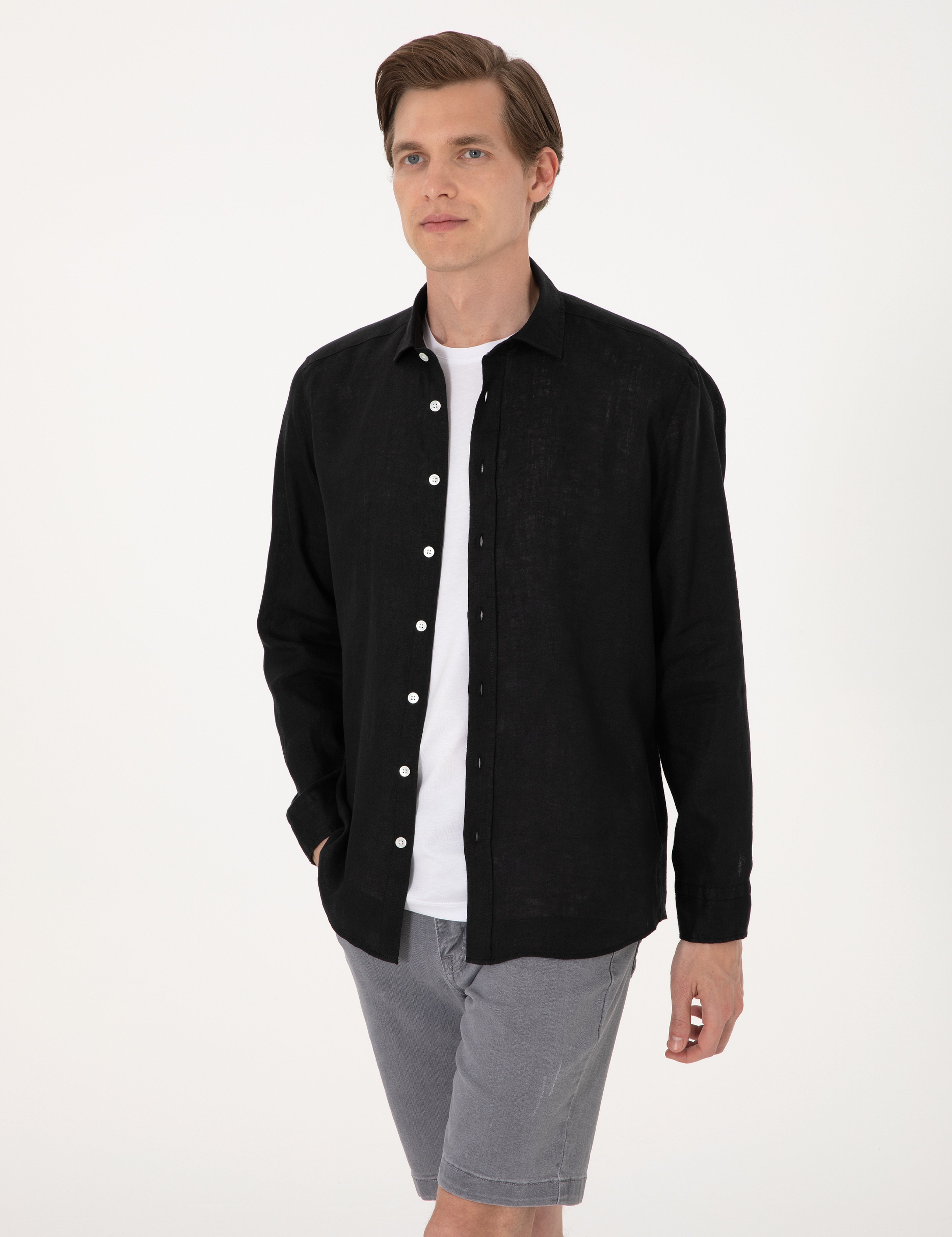 Siyah %100 Keten Regular Fit Uzunkollu Gömlek - Image 3