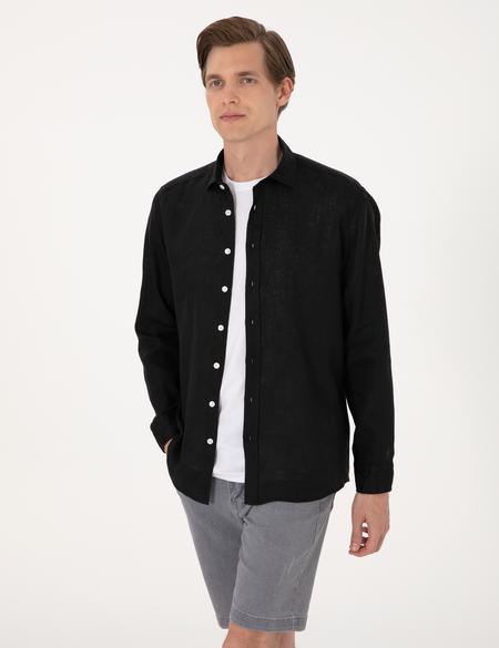 Siyah %100 Keten Regular Fit Uzunkollu Gömlek - 50303293023