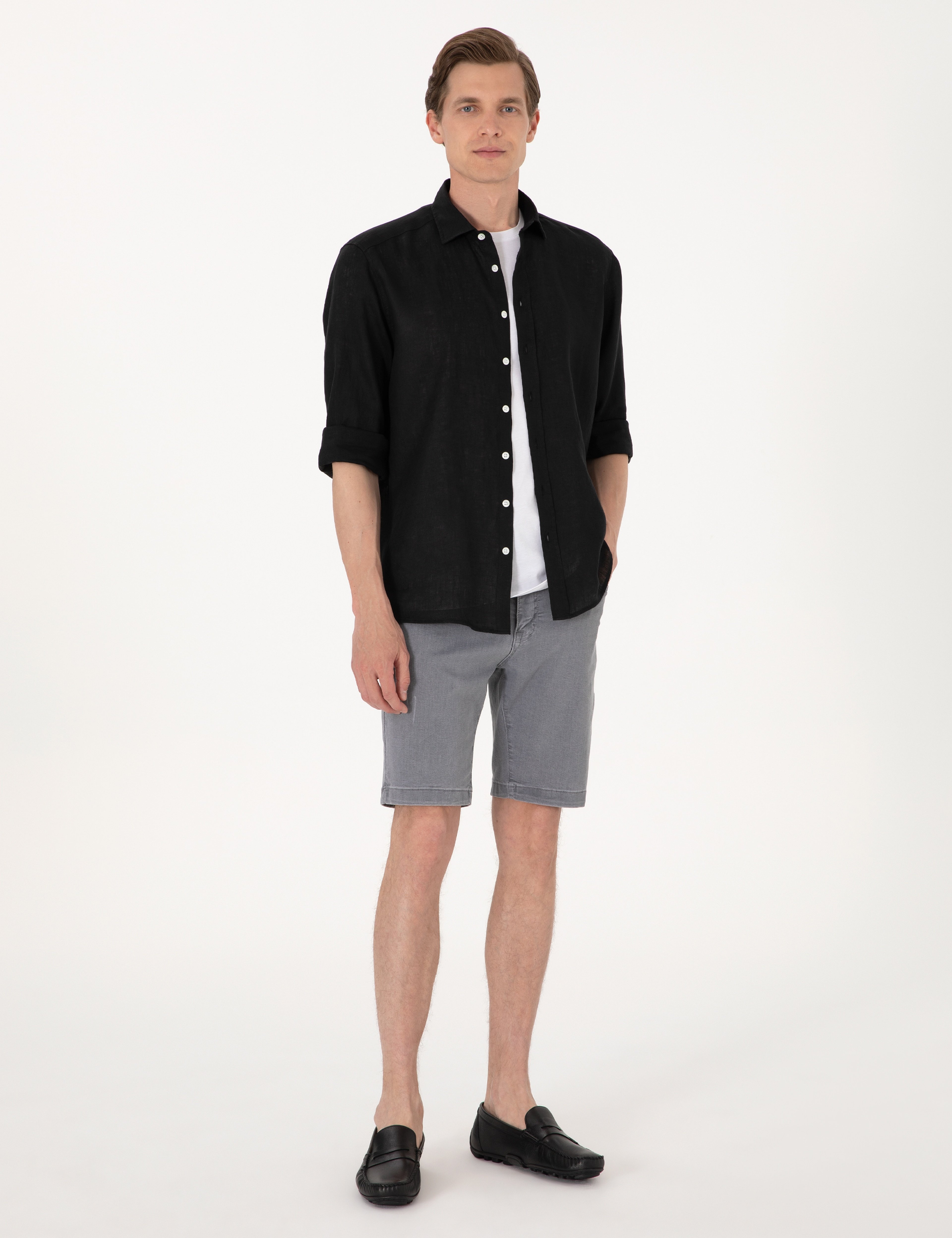 Siyah %100 Keten Regular Fit Uzunkollu Gömlek - Image 4