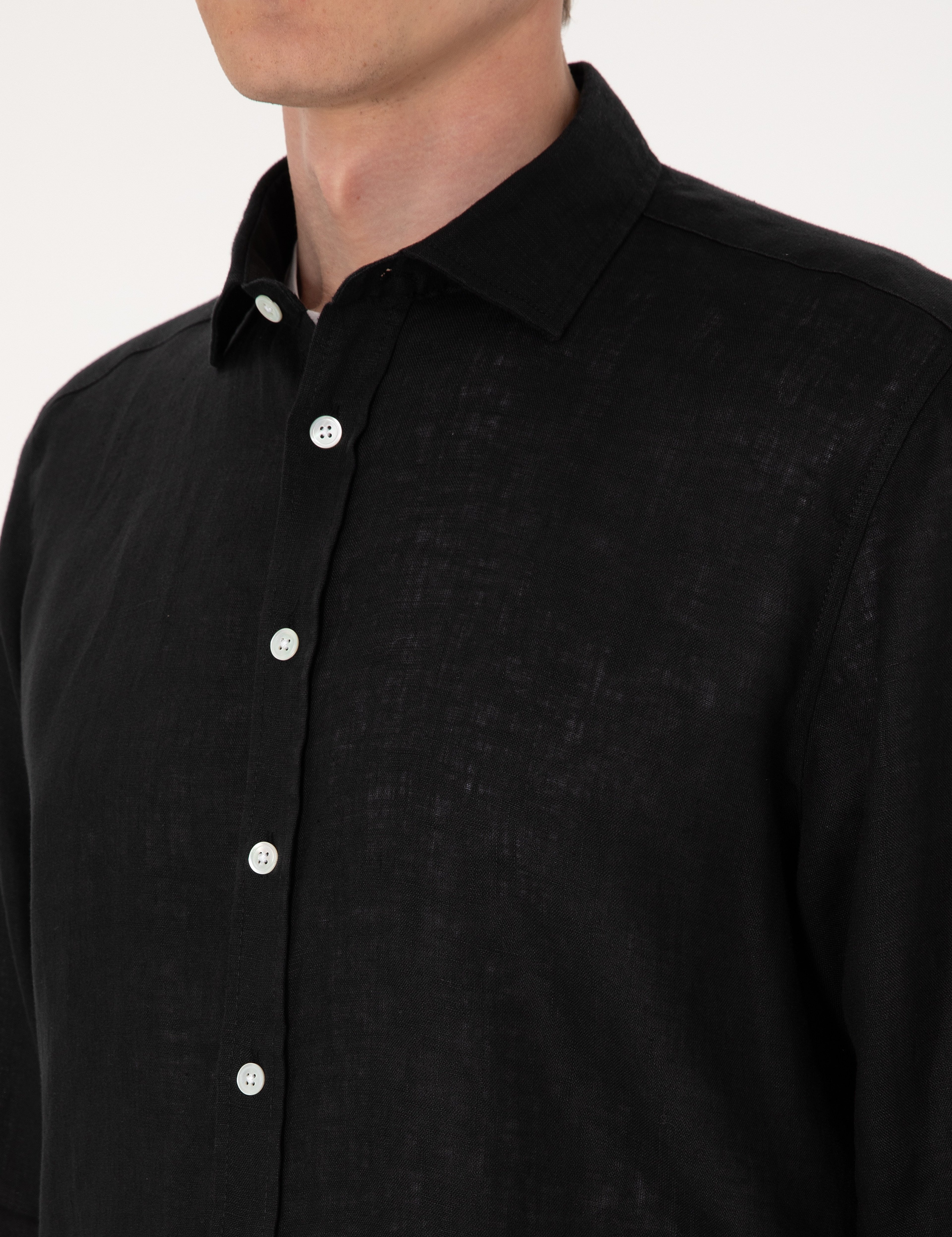 Siyah %100 Keten Regular Fit Uzunkollu Gömlek - Image 7