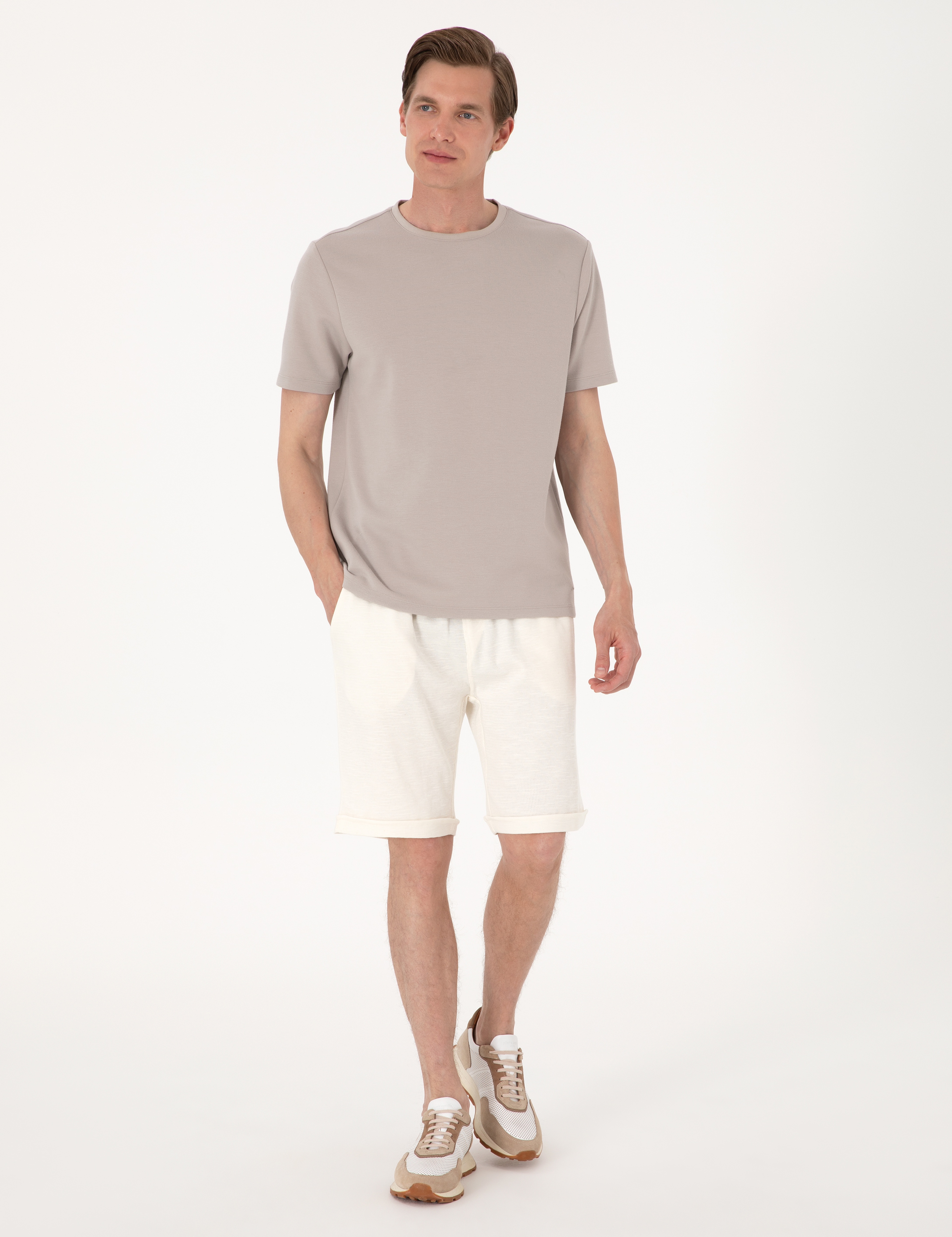 Bej Comfort Fit Örme Şort - Image 3