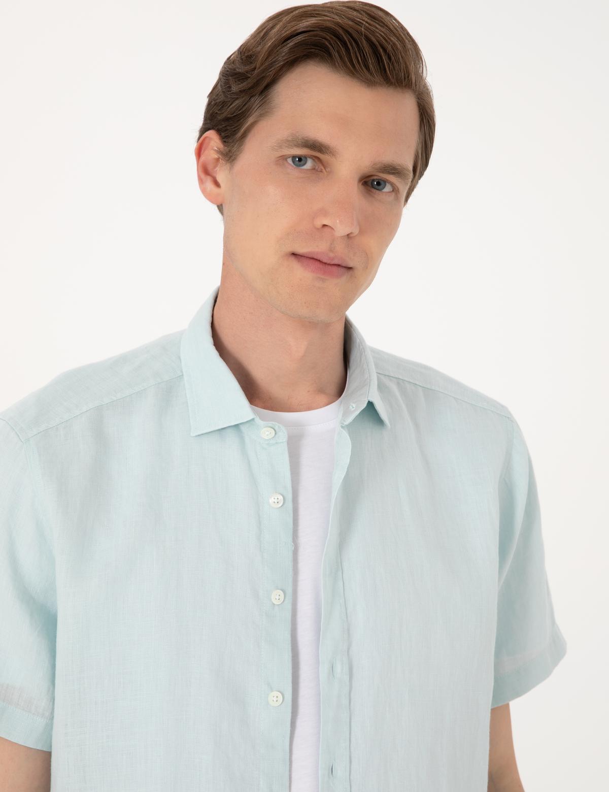 Su yeşili %100 Keten Regular Fit Kısa Kollu Gömlek - 50305680019