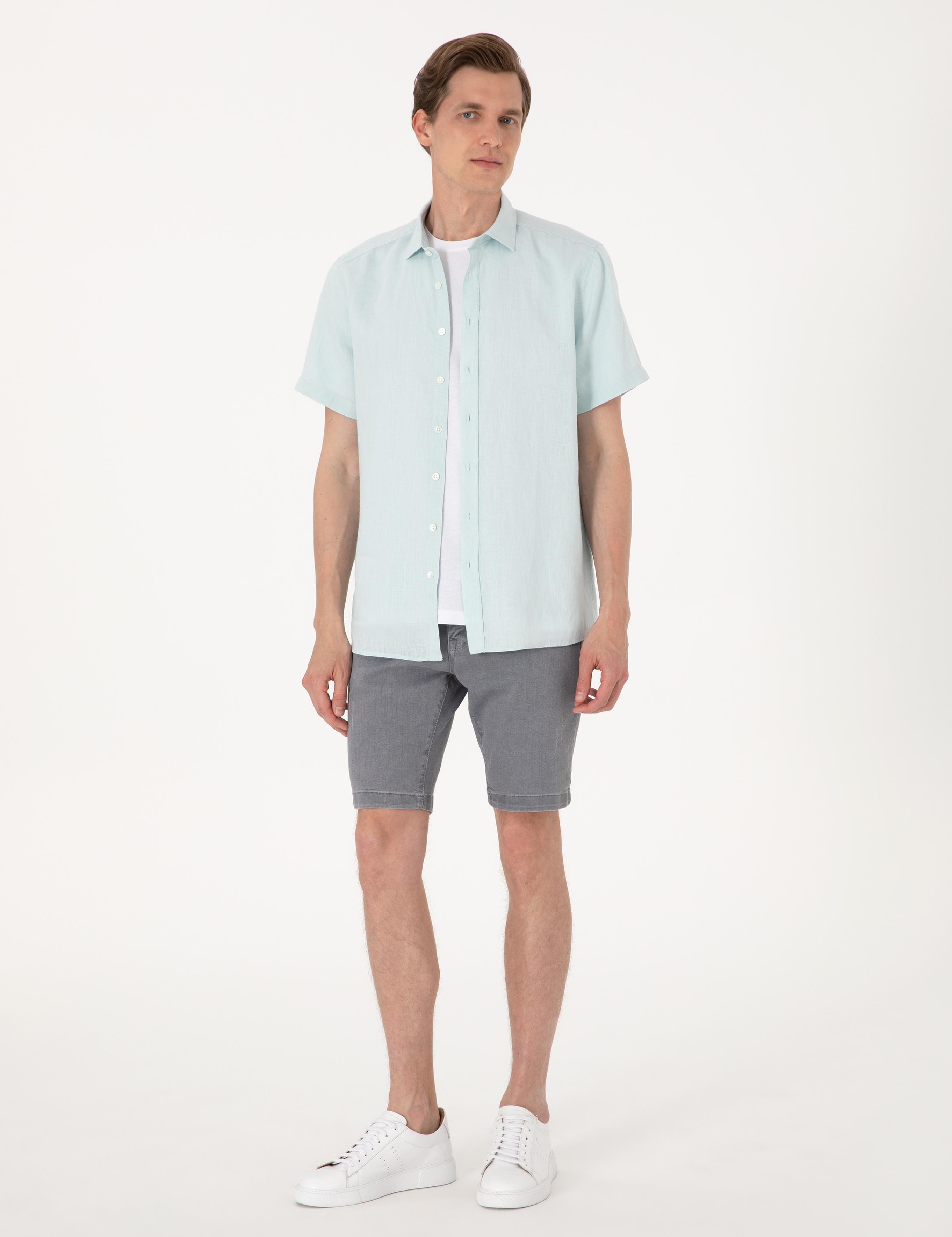 Su yeşili %100 Keten Regular Fit Kısa Kollu Gömlek
