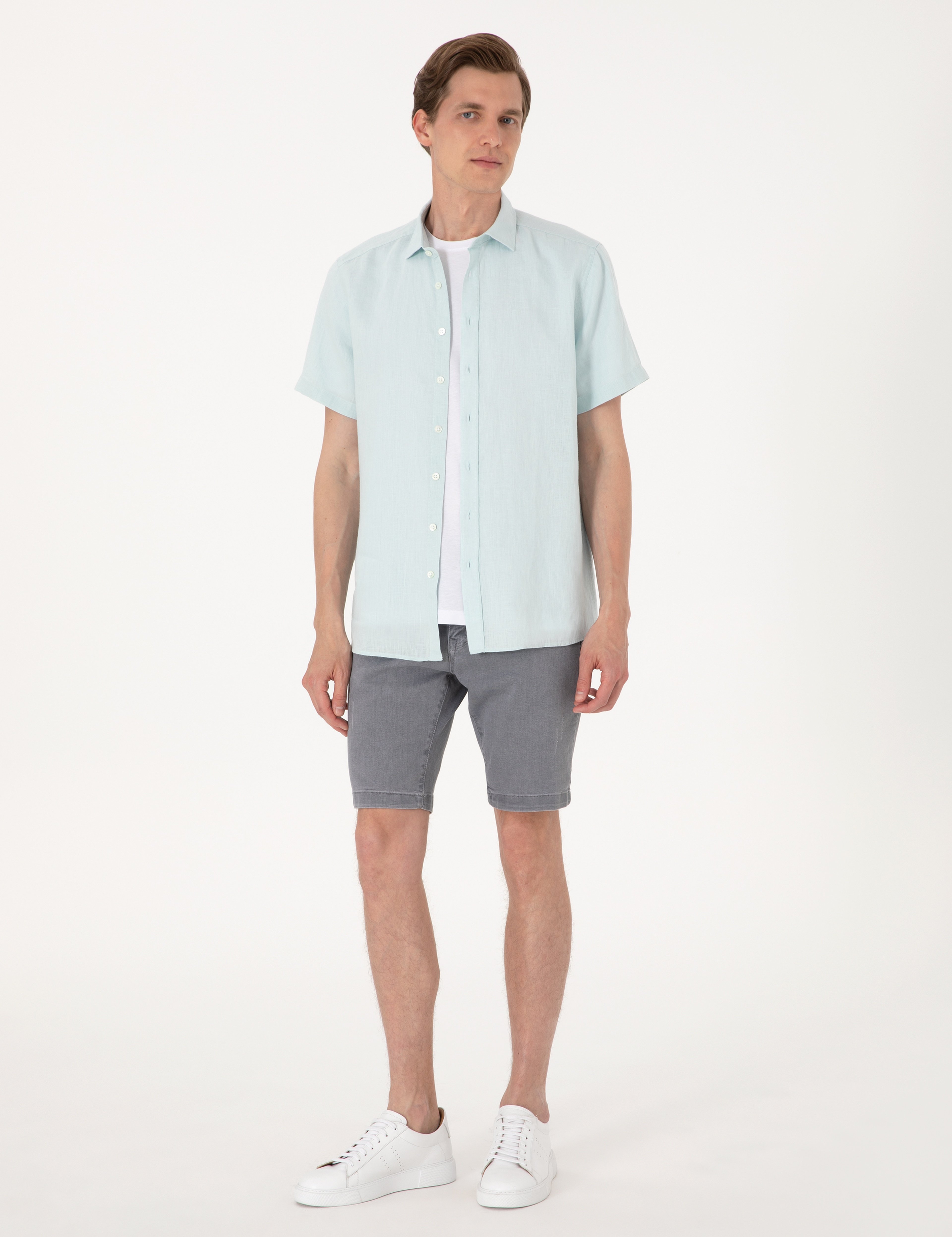 Su yeşili %100 Keten Regular Fit Kısa Kollu Gömlek - Image 4