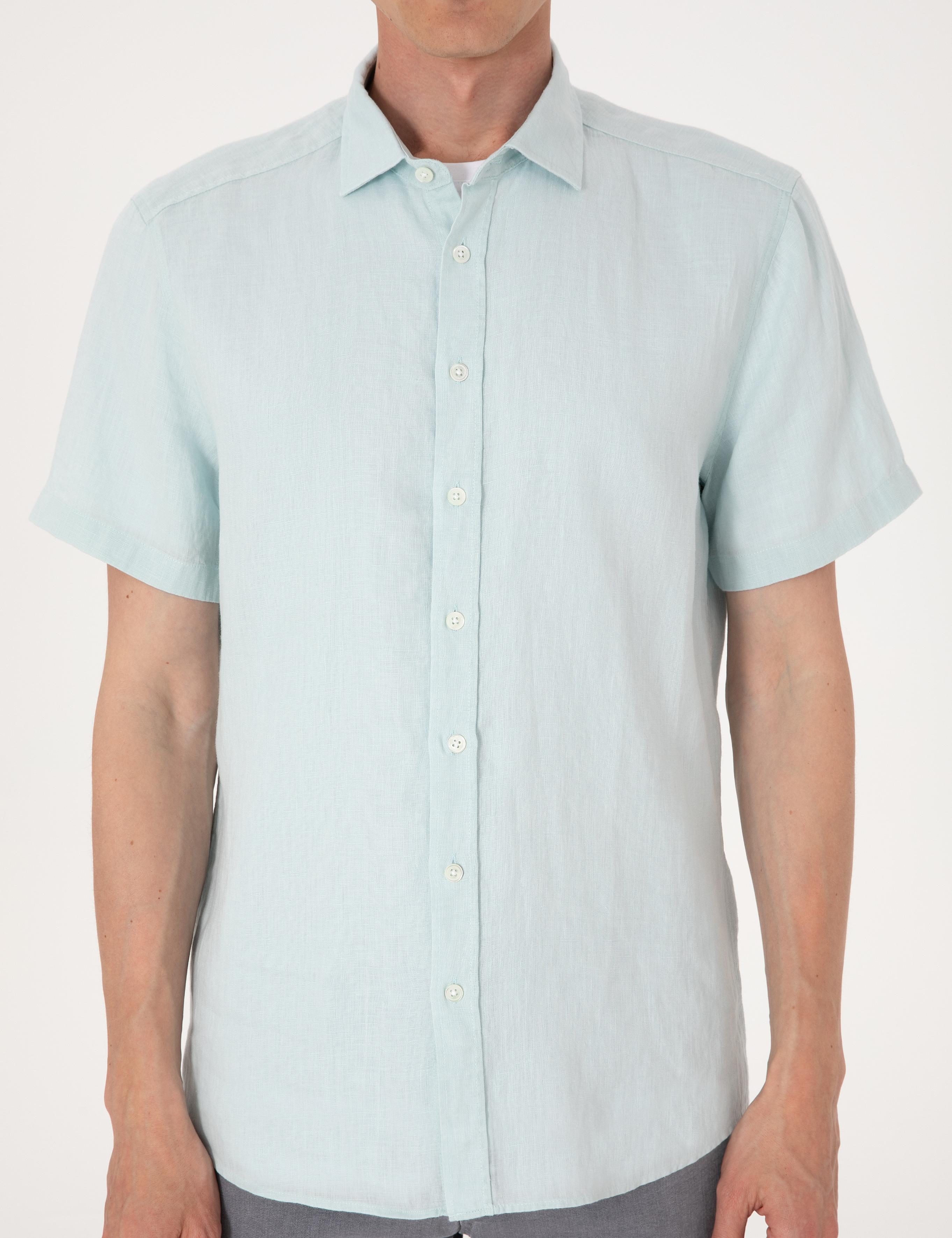 Su yeşili %100 Keten Regular Fit Kısa Kollu Gömlek