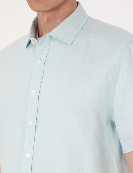 Su yeşili %100 Keten Regular Fit Kısa Kollu Gömlek - 50305680019