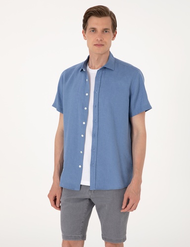 Mavi %100 Keten Regular Fit Kısa Kollu Gömlek